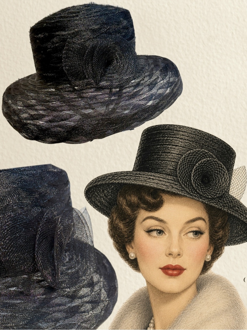 Wide brim fancy hat women’s black mesh flower‎ rosette church retro vintage